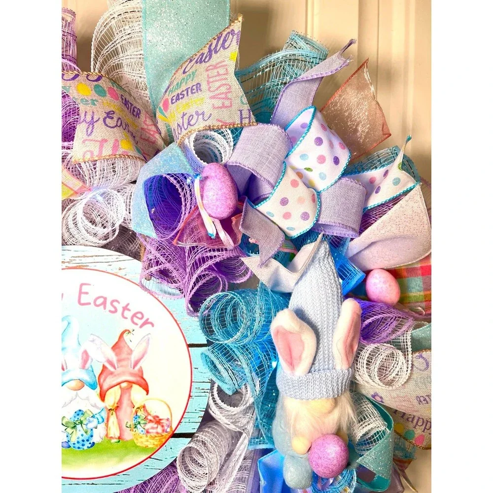 Handmade Easter Bunny Gnome Prelit Ribbon Wreath 22 in LED W9